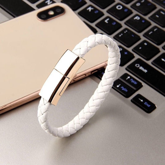 Ancient Energy bracelet USB charging cable for iPhone 14 and 13 Max, featuring a compact, bracelet-style design with USB-C and Micro USB connectors.