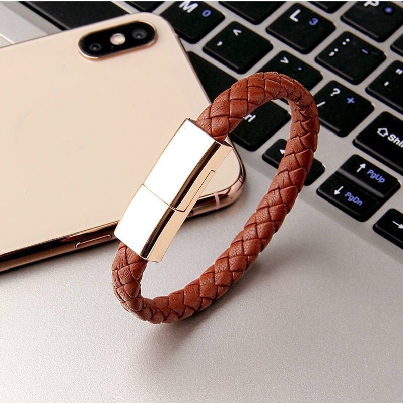 Ancient Energy bracelet USB charging cable for iPhone 14/13 Max, with USB-C and Micro USB connectors, flexible and portable charging cord.