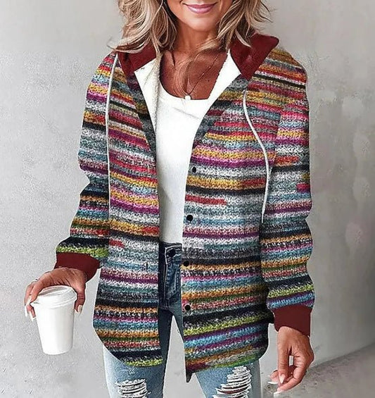 Ancient Energy women's plaid hooded jacket with casual style, button pockets, suitable for autumn and winter wear.