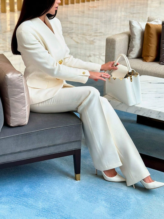 Ancient Energy solid color single-breasted blazer and high-waisted pants set, stylish formal outfit for women.