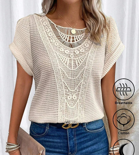Ancient Energy women's summer short-sleeved T-shirt with ethnic hollow-out design, casual fashion top for warm weather.