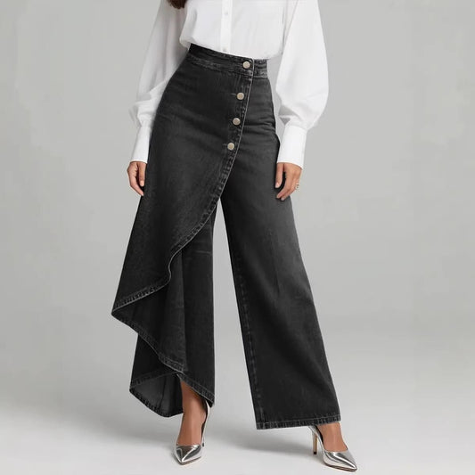 Ancient Energy women's faux jeans with straight-leg fit, large ruffled buttons, and stylish trousers for modern fashion.