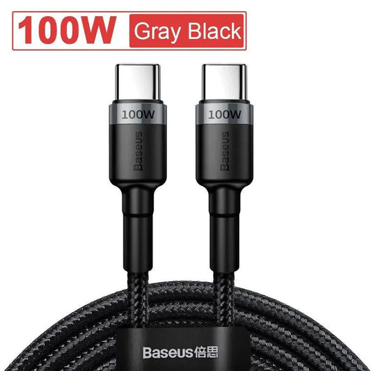 Baseus USB Type C to USB C cable for iPhone 15, MacBook, Xiaomi, Samsung, supports 100W fast charging, black nylon braided design.
