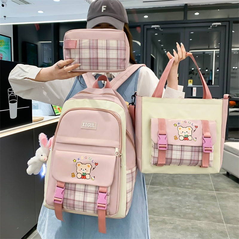 Ancient Energy large capacity high school plaid three-piece backpack set with student backpack, suitable for junior high and elementary students