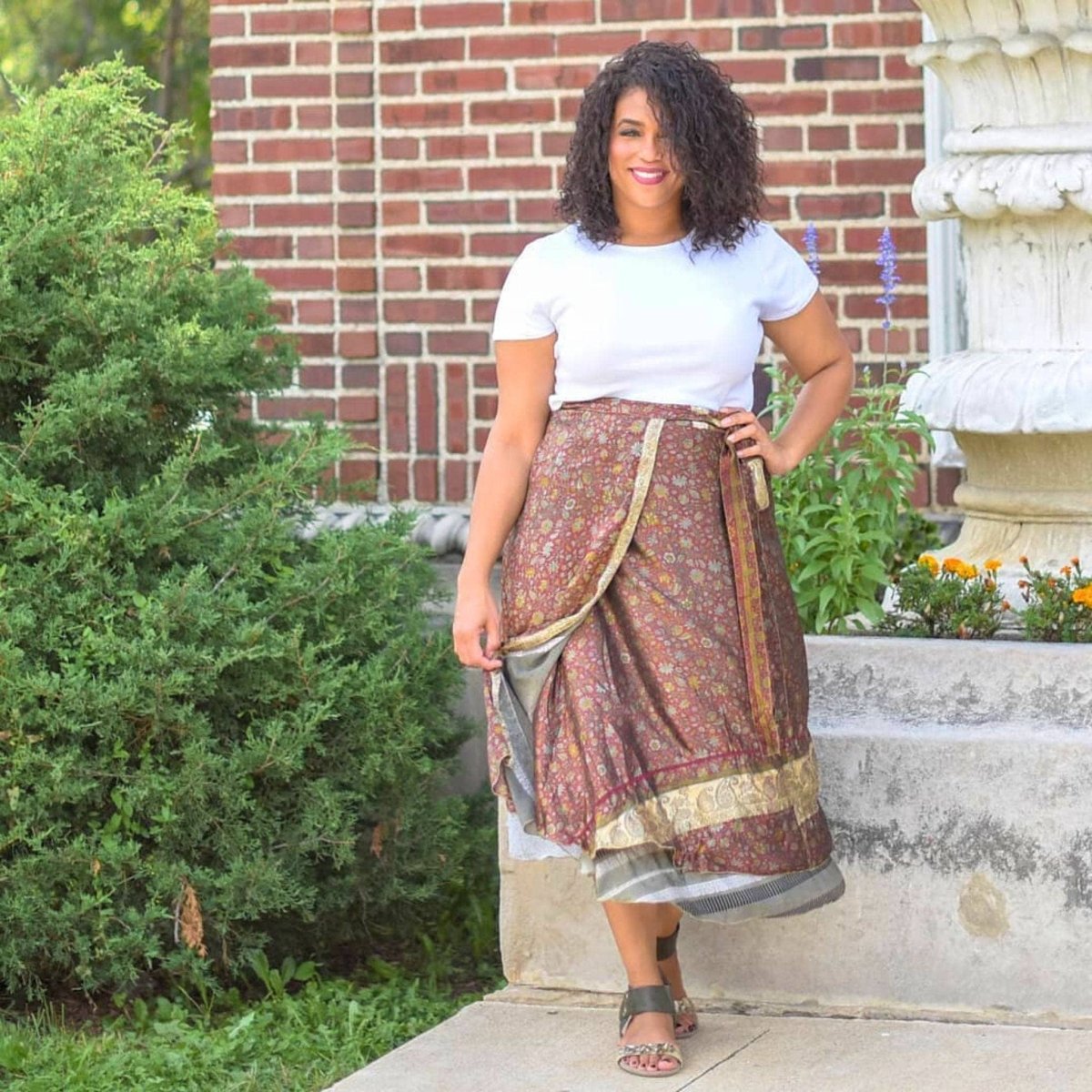 Colorful sari wrap skirt from Darn Good Yarn featuring vibrant fabric and traditional wrap style, perfect for casual wear.