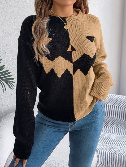 Women’s Spooky Pumpkin Contrast Long-Sleeve Pullover Sweater