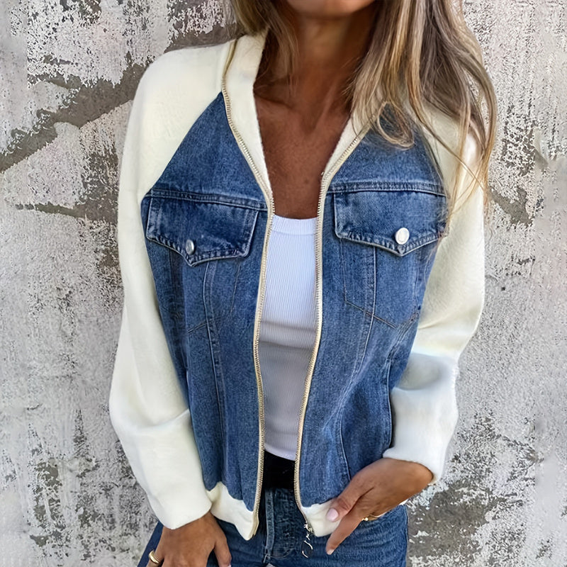 Chaqueta de mezclilla patchwork con cremallera para mujer