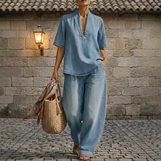 Retro V-Neck Washed Denim Top & Wide-Leg Pants Set – 3 Colors, S–3XL