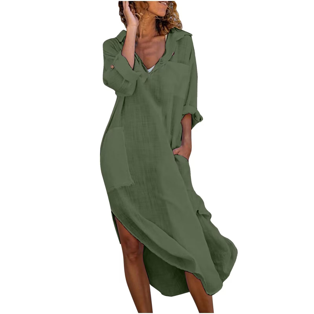2024 Chic Midi Shirt Dress in Slub Cotton