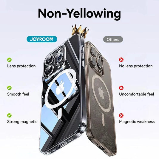 Joyroom magnetic transparent iPhone 16/15 Pro Max case with anti-yellowing, slim design, compatible with wireless chargers.