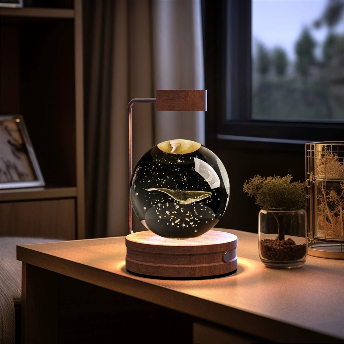 Mandotos crystal ball cosmic dinosaur indoor night light with USB power, warm glow, ideal as bedside or birthday gift night lamp.