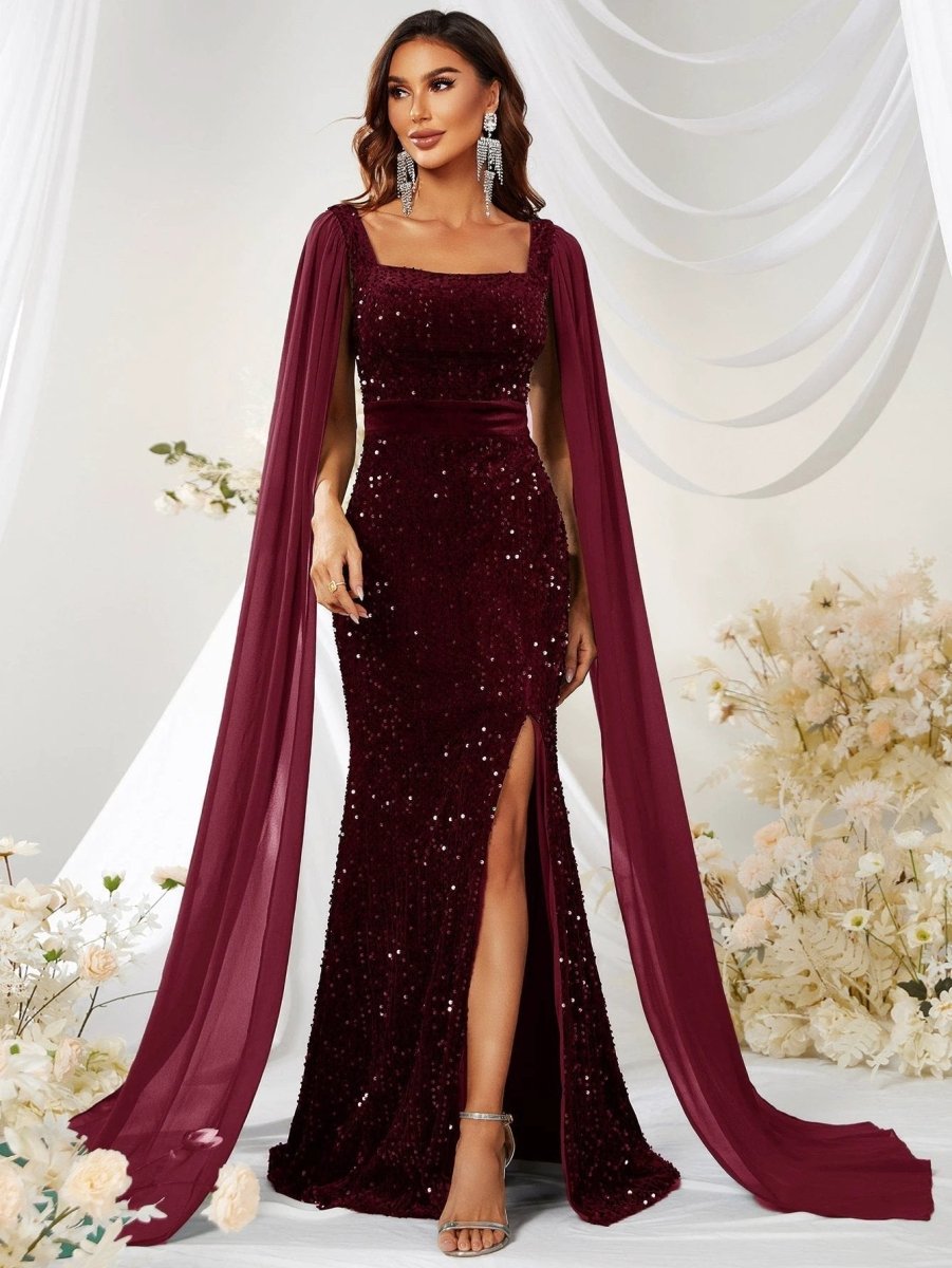 Sequin mesh fishtail dress with split design from MANDOTOS, showcasing a glamorous evening look.