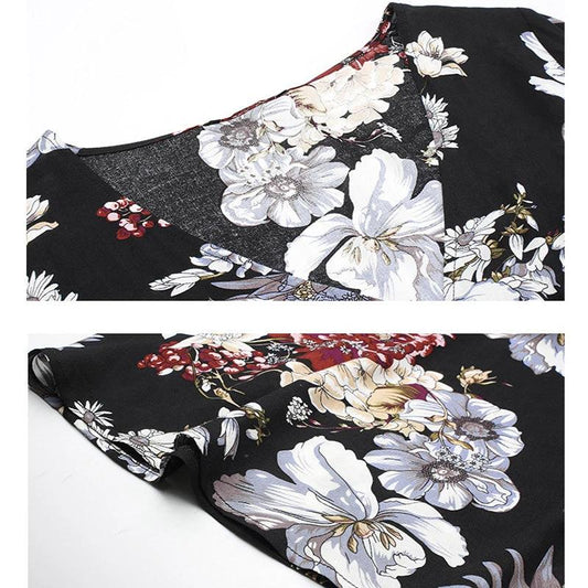 Mandotos floral summer beach dress for women with V-neck and elastic waist, lightweight and flowy for warm weather wear.