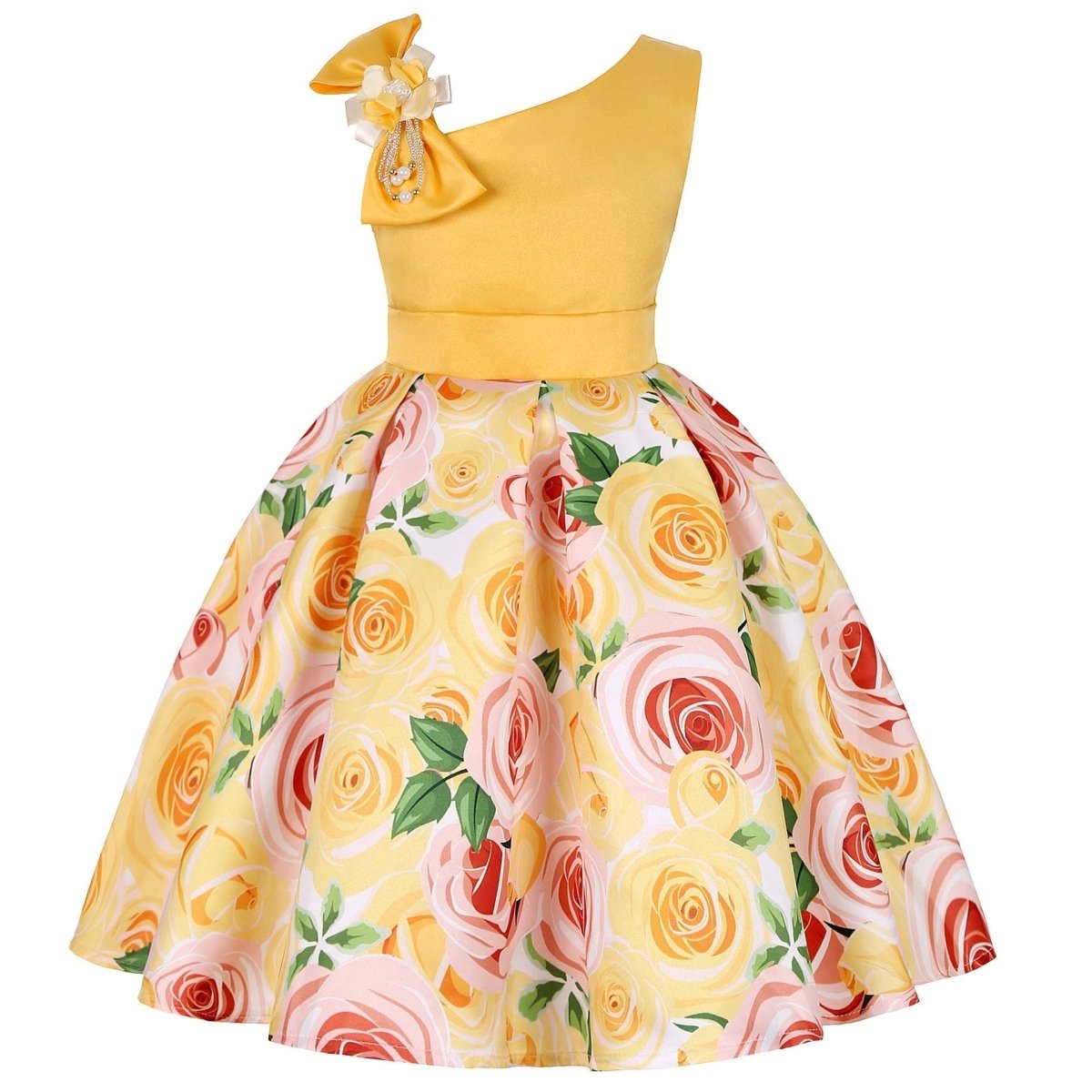 Girls' princess dresses by MANDOTOS featuring colorful digital print, perfect for children’s special occasions and parties.