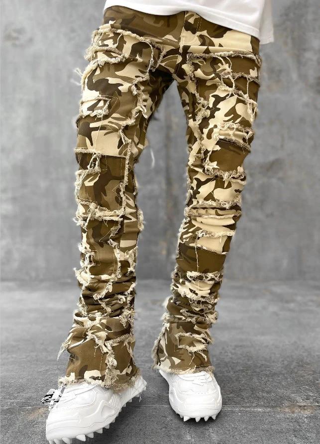 Mandotos men's stacked jeans with patched design, long tight fit trousers showcasing bold style and modern denim craftsmanship.