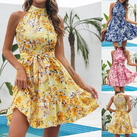 Mandotos floral print halterneck dress with ruffles and lace-up detail, perfect for summer fashion and elegant women's style.
