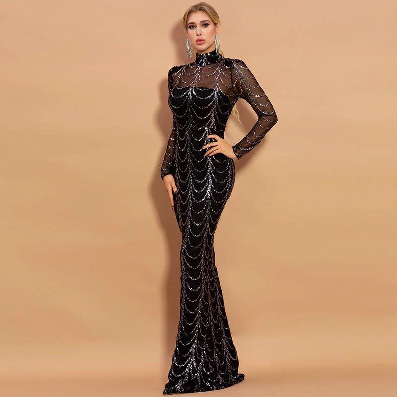 Mandotos sequin long sleeve maxi dress for women, stylish party dress with sparkling embellishments and elegant design.