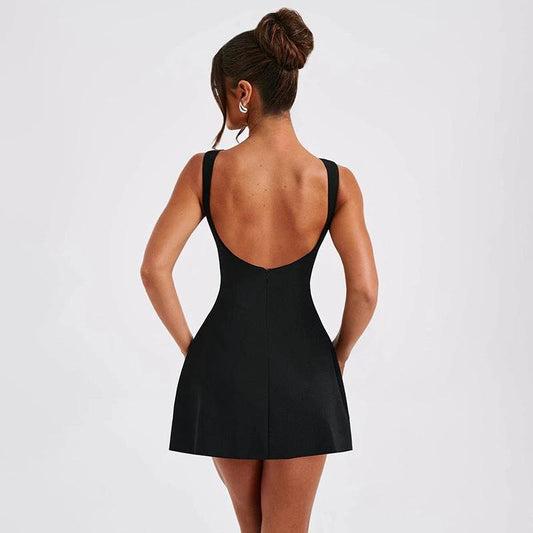 Slim-fitting backless summer dress by MANDOTOS, sleeveless and short, perfect for stylish warm-weather occasions.