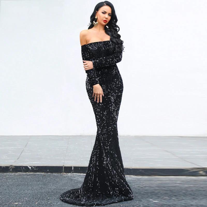 Mandotos sexy strapless long sleeve sequins evening dress, elegant party gown with shimmering embellishments and fitted silhouette.
