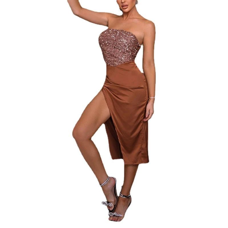 Mandotos sexy tube top evening dress with high slit, pure color sequins, and elegant temperament for formal occasions.