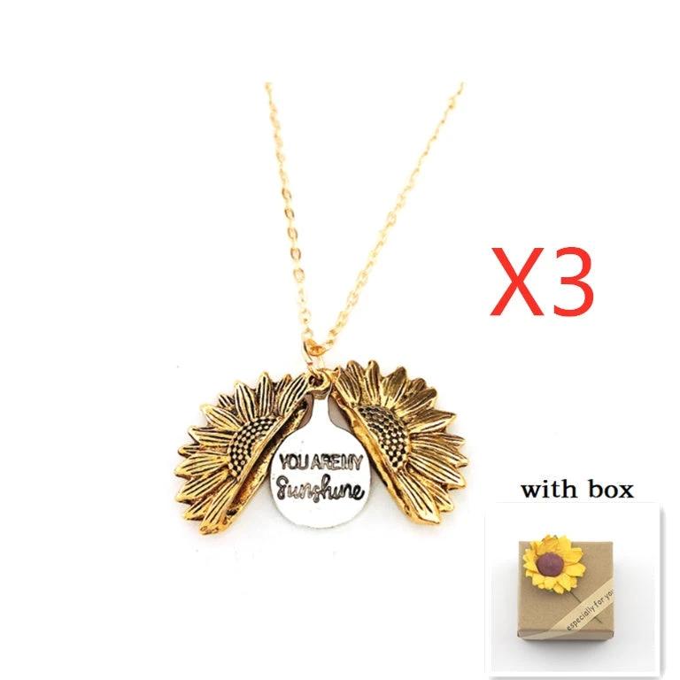 Mandotos sunflower double lettering necklace featuring a delicate chain and custom engraved sunflower design.