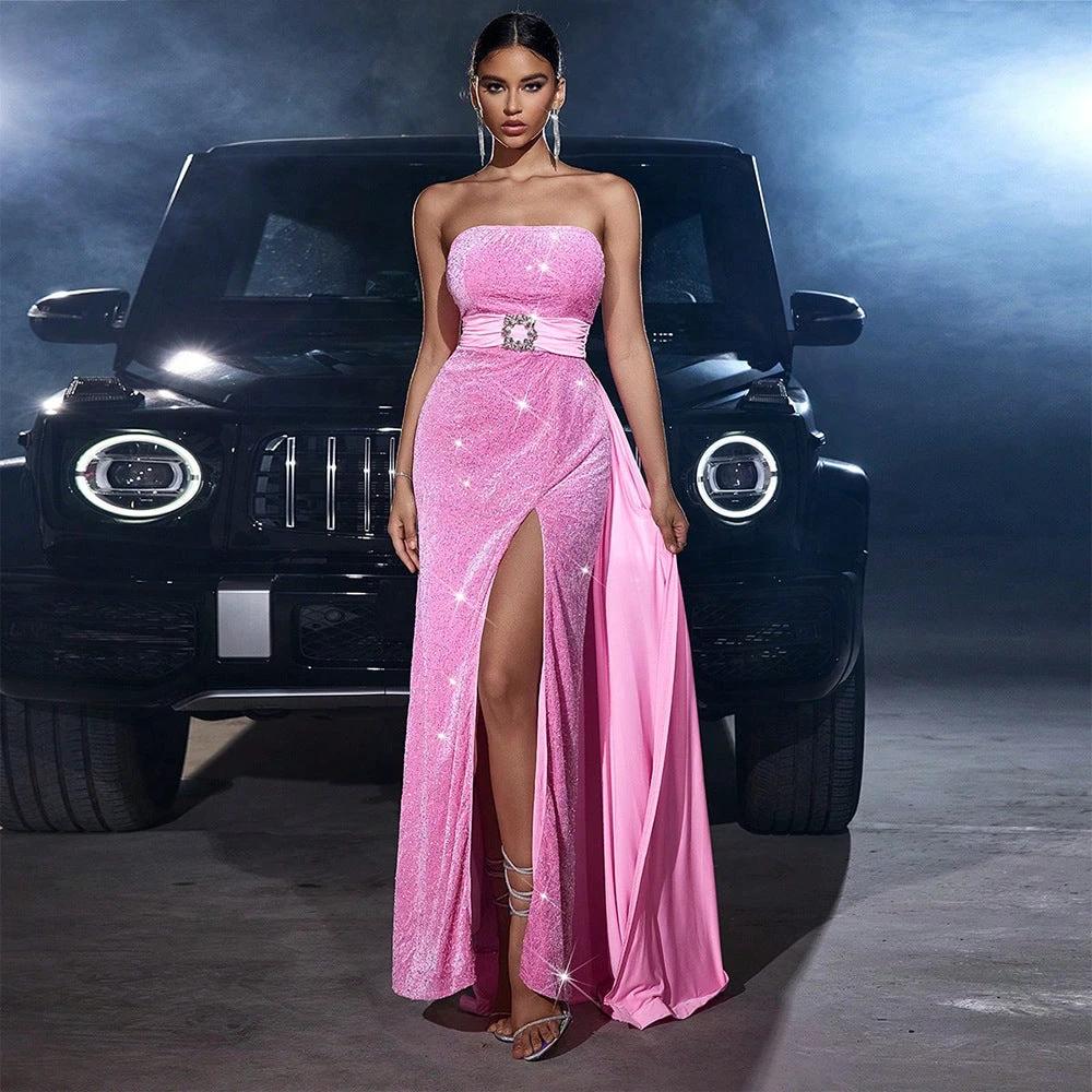 Velvet sequined cinched waist slim-fit tube top banquet dress by MANDOTOS, featuring a flattering fit and elegant design.