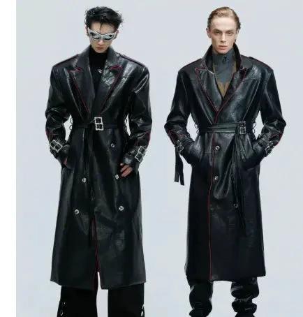 Mandotos wide shoulder fur coat with metal belt, long cut design, featuring a stylish and modern silhouette.