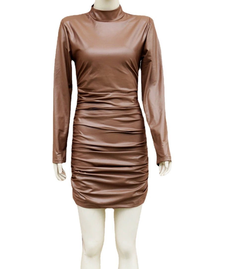 Mandotos women's faux leather long sleeve sheath dress with stand collar, fitted style, ideal for nightclub and evening wear.