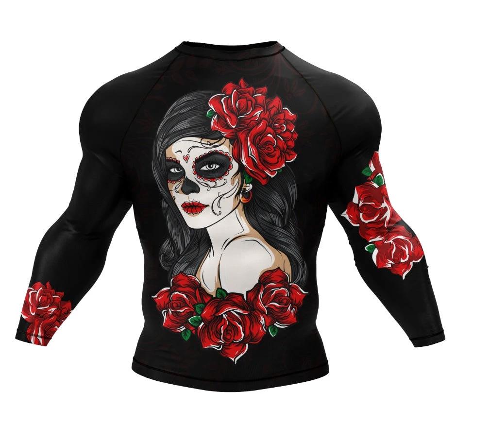 Mandotos Dark Mystic Rash Guard with black and red roses print, ideal for martial arts training and fitness.