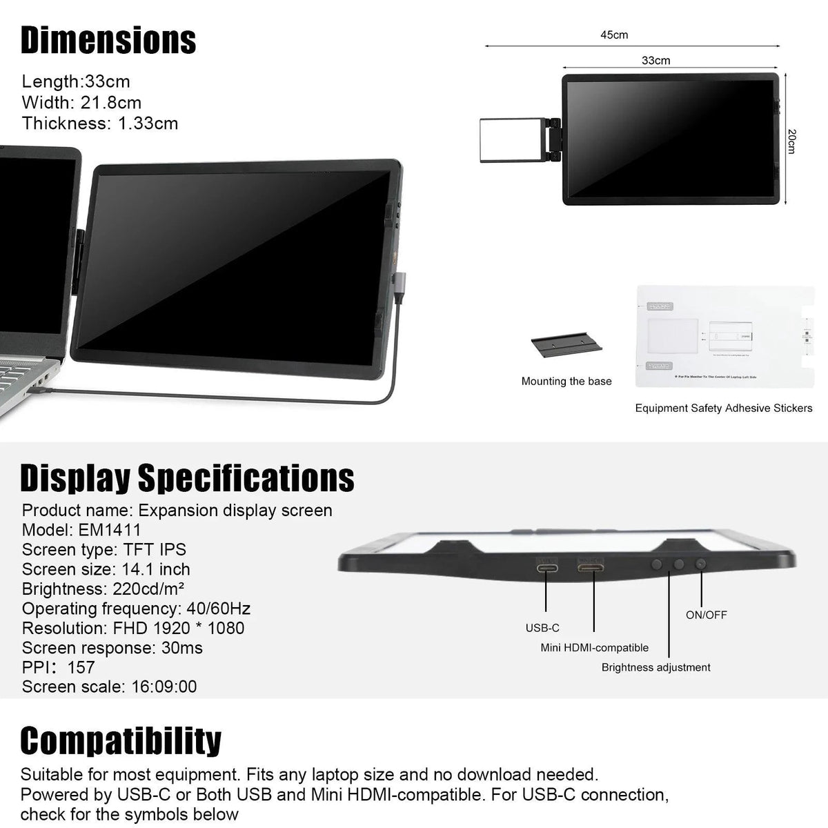 Mandotos 12-inch laptop dual monitor extender with 1920x1080 HD IPS LCD screen for MacBook and Huawei laptops.