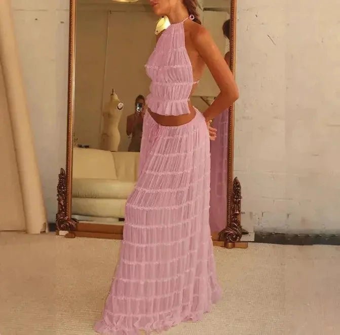 Mandotos 2-piece chic halter dress suit set with stylish top and matching skirt, perfect for elegant occasions and summer wear.