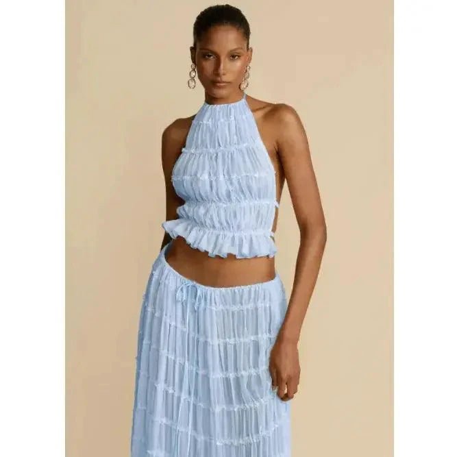 Mandotos 2-piece chic halter dress suit set featuring a stylish halter top and matching skirt in elegant fabric.