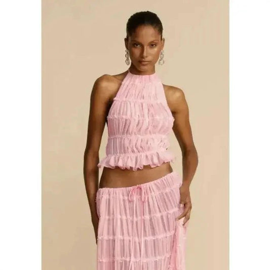 Mandotos 2-piece chic halter dress suit set featuring a stylish halter top and matching skirt in elegant design.