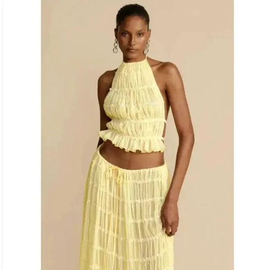 Mandotos 2-piece chic halter dress suit set with stylish top and matching skirt, perfect for elegant occasions.