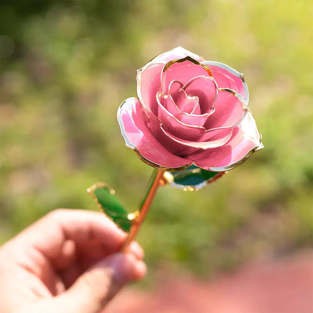 24K gold-plated rose gift by MANDOTOS, showcasing a detailed, elegant rose with shiny gold plating on a white background.