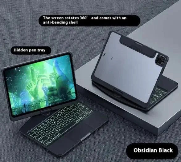 Mandotos 360° swivel keyboard clear case showing transparent protective cover with secure edges and flexible design.