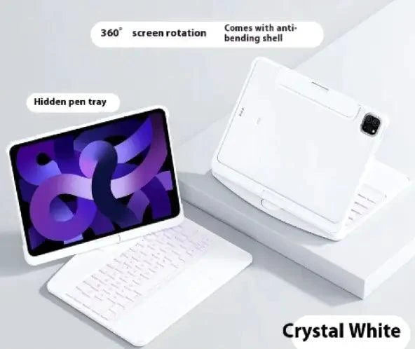 Mandotos 360° swivel keyboard clear case showing a transparent protective cover with adjustable angles for versatile use