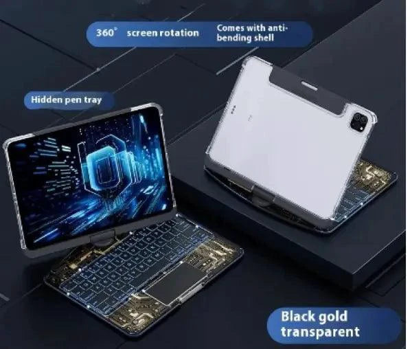 Mandotos 360° swivel keyboard clear case showing a transparent protective cover with a flexible hinge for easy rotation.