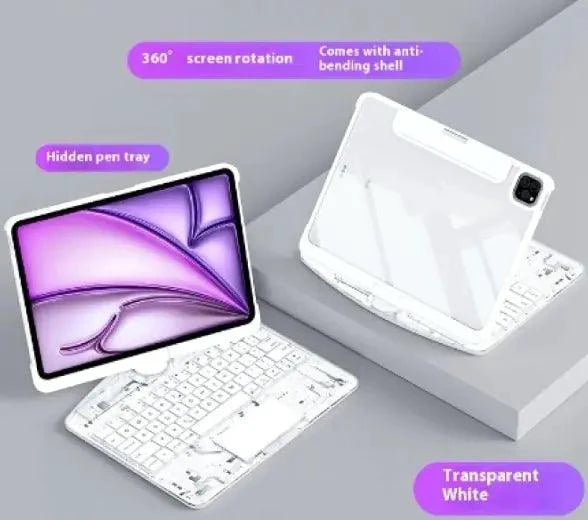 Mandotos 360° swivel keyboard clear case showcasing a transparent protective cover with a versatile rotating feature.