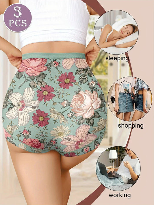 Mandotos 3-piece high-waisted women's panties with printed patterns, tummy tightening, hip lifting, and comfortable fit.