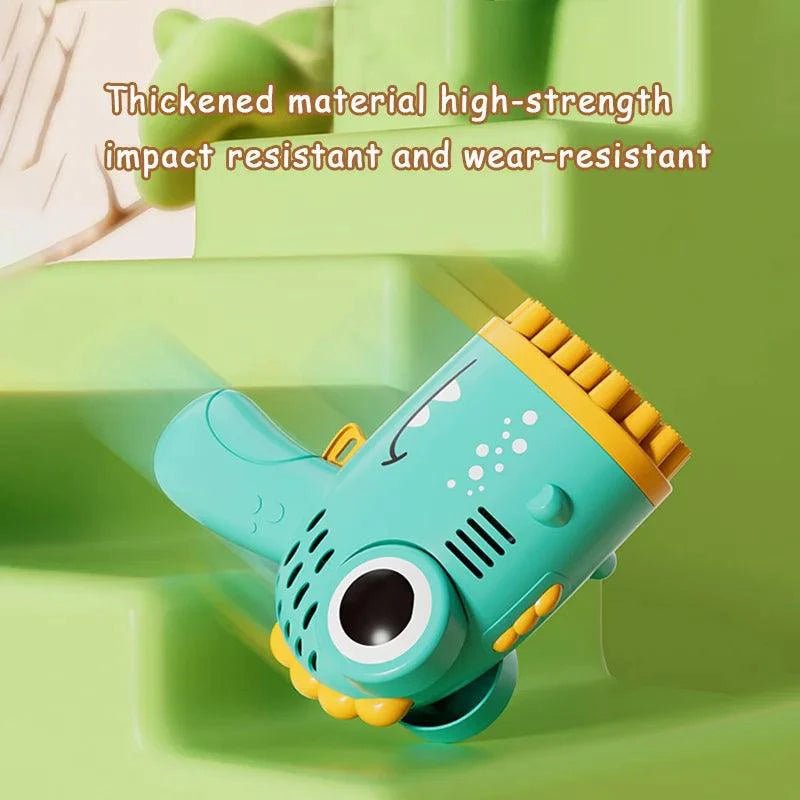 Mandotos 40-hole dinosaur-shaped handheld bubble machine emitting colorful bubbles for outdoor weddings and parties.