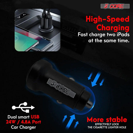 Mandotos 5Core SpeedCharge Car USB-C Adapter plugged into a vehicle's cigarette lighter socket for fast charging.