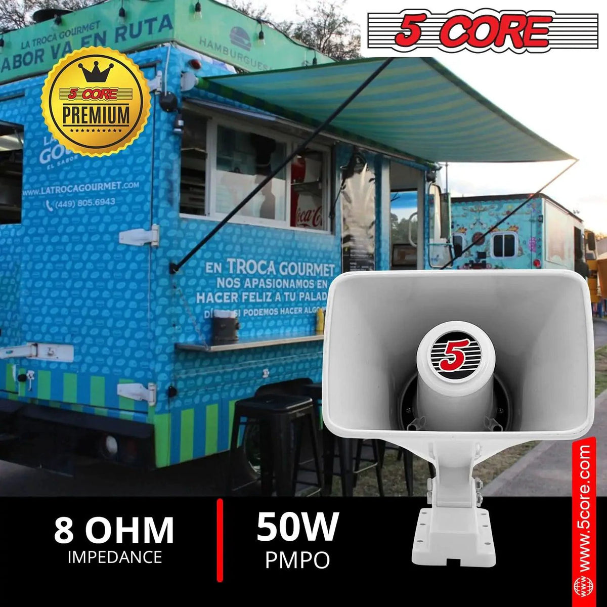 Mandotos 5Core Universal PA Horn Speaker 50W 6x4, black outdoor loudspeaker with wide-angle sound projection.