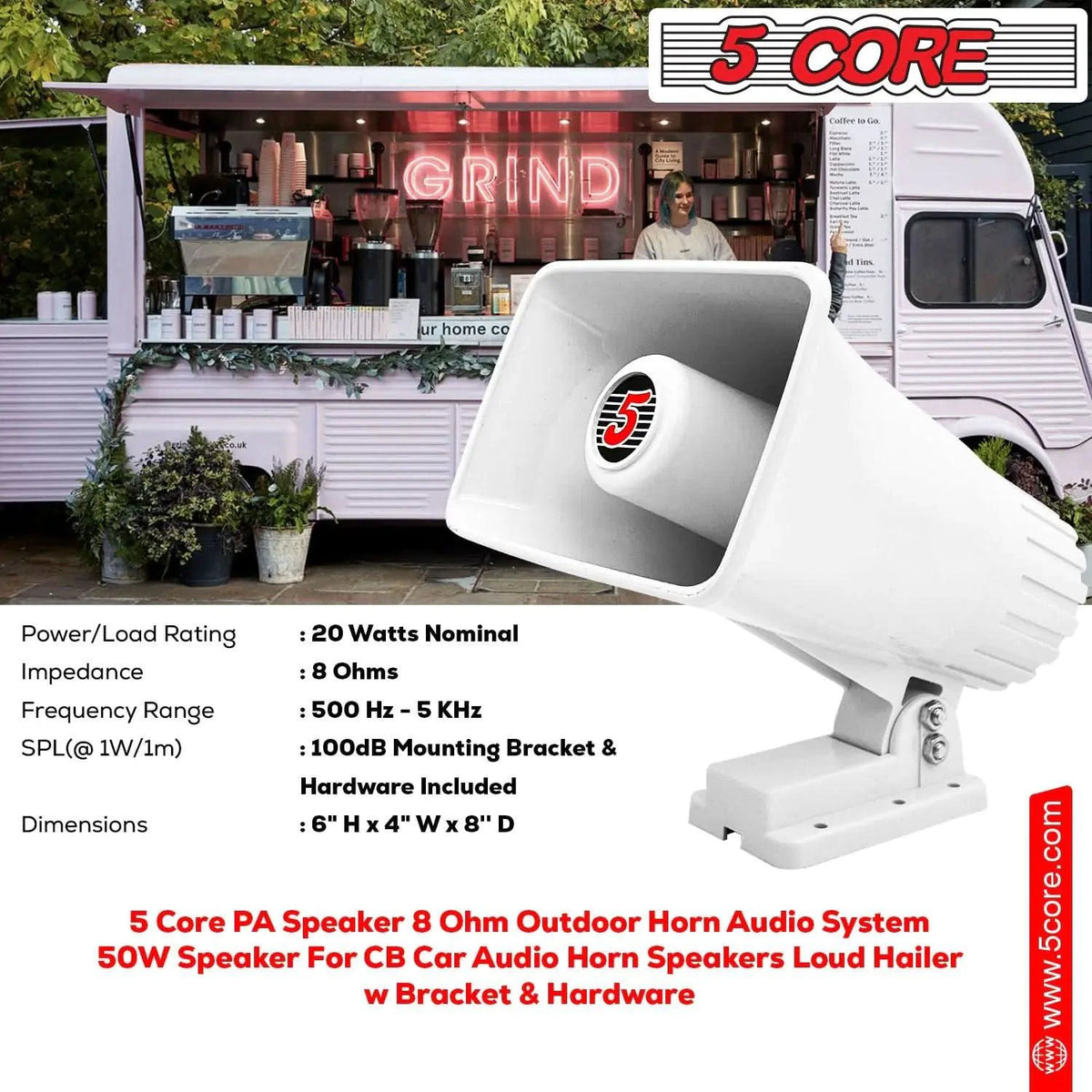 Mandotos 5Core Universal PA Horn Speaker 50W 6x4 with durable black casing and mounting brackets for public address systems.