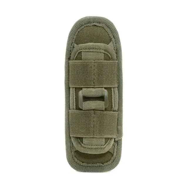 Mandotos Adventure Belt Flashlight Carrier attached to a rugged outdoor belt, designed for secure flashlight storage during adventures.