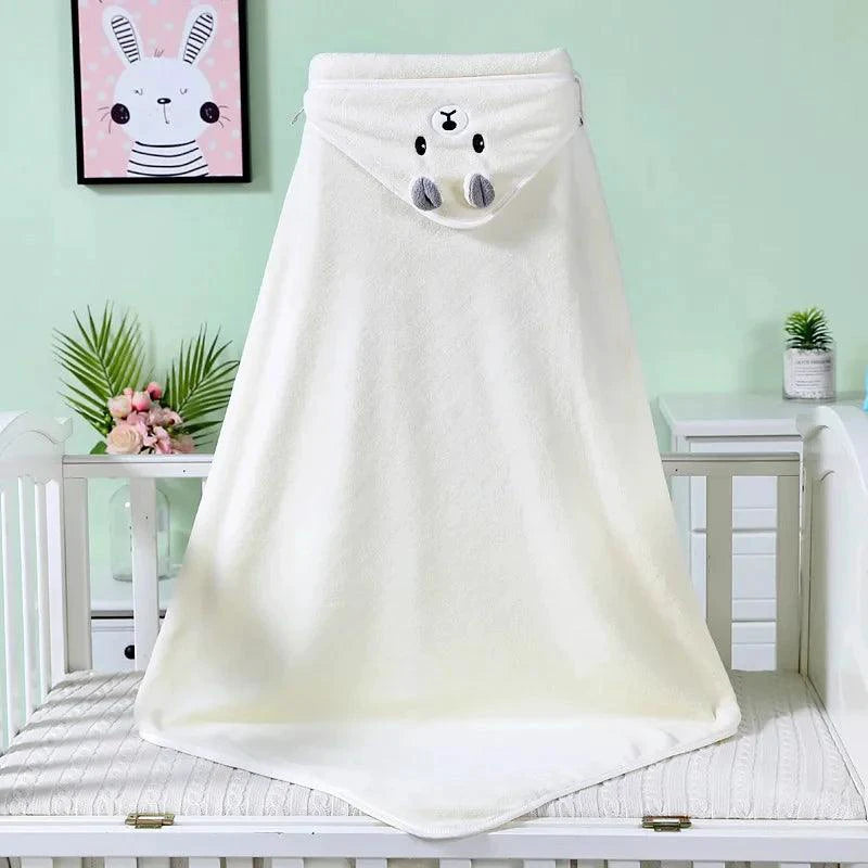Mandotos baby hooded bath towel featuring a cute cartoon animal design, soft and warm for newborns and toddlers.