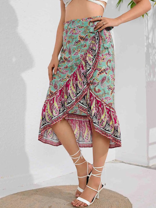 Mandotos Boho Bliss midi skirt with floral pattern, flowy fabric, and bohemian style, perfect for casual or boho fashion looks.