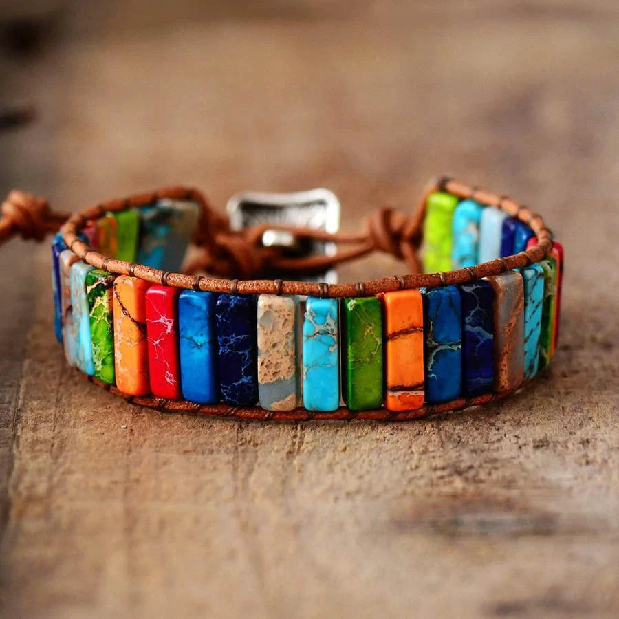 Mandotos boho chic leather bracelet with intricate design and adjustable strap, stylish accessory for casual and bohemian outfits.