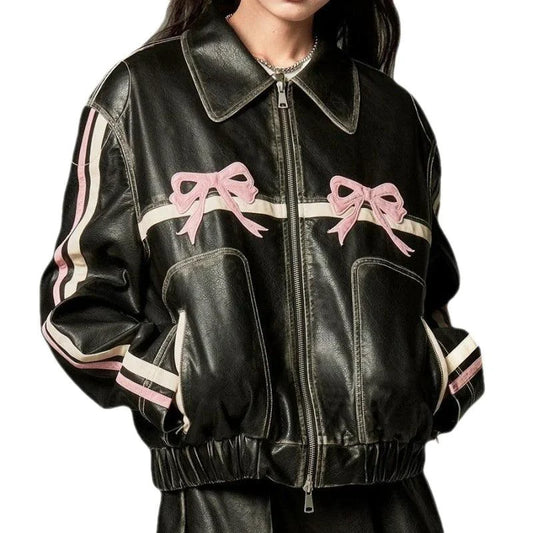 Mandotos Bow Biker's Leather Jacket with stylish design, black leather, and classic biker style for a bold, edgy look.
