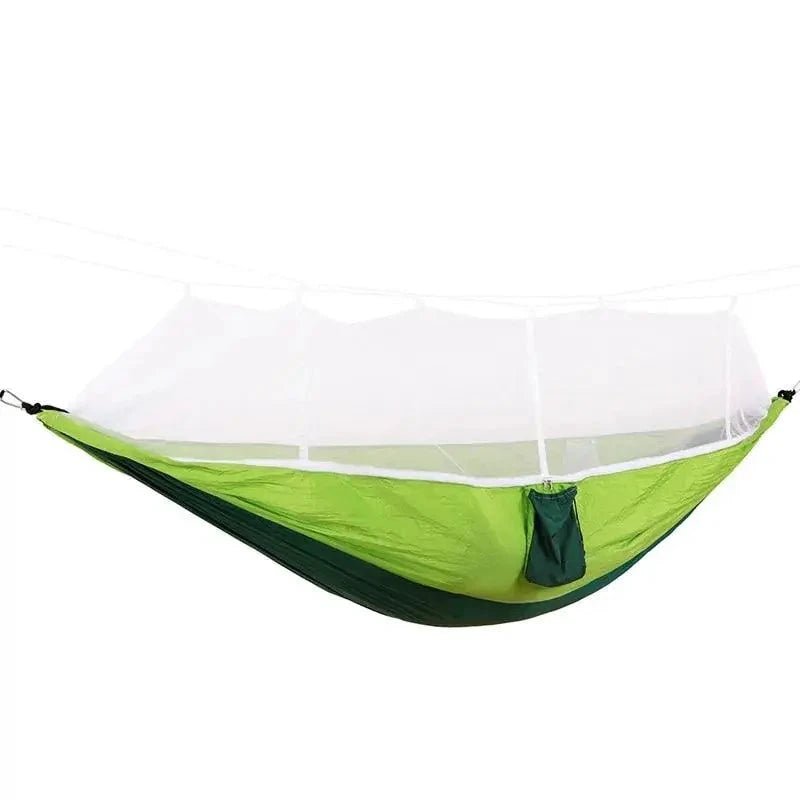 Mandotos bug-free camp hammock made of durable 210T nylon fabric with insect netting, designed for outdoor camping and relaxation.